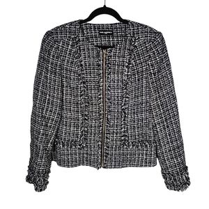 Karl Lagerfeld Front Zippered Lined Tweed Fringe Blazer Size 10